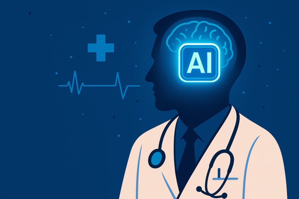 blue cartoon photo of doctor with "AI" written inside of his head