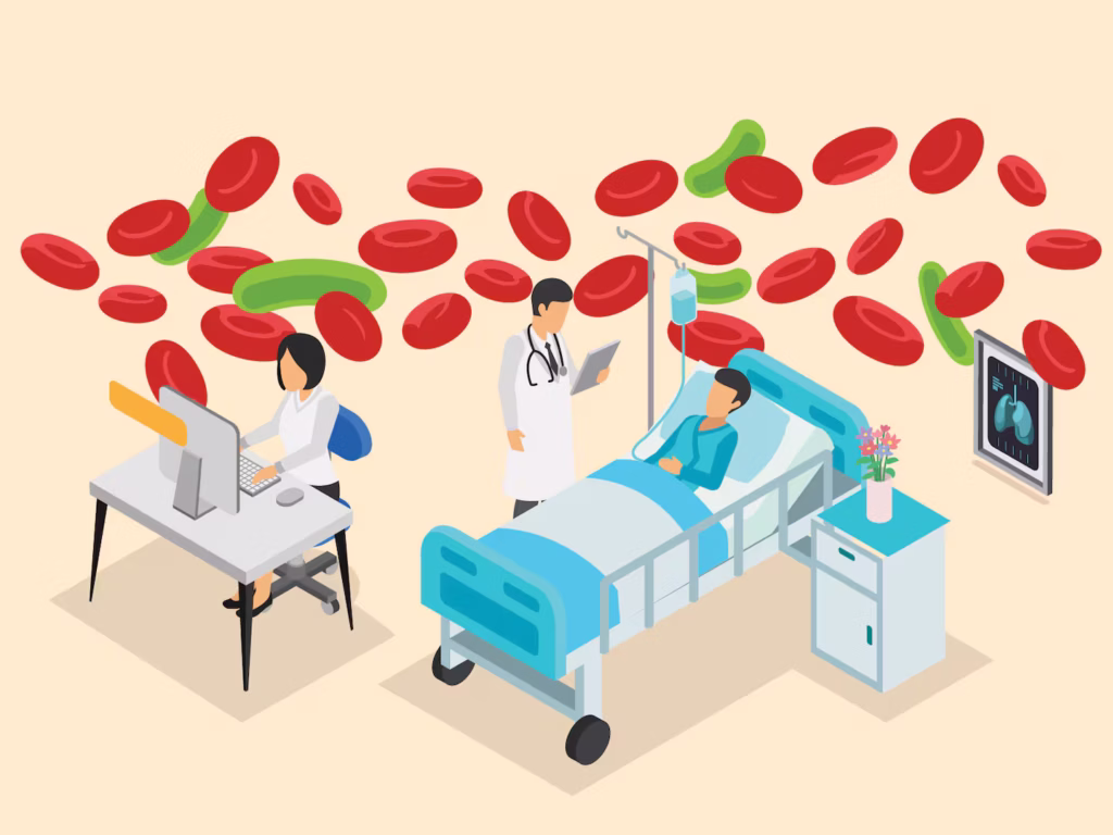 cartoon image of patient laying in hospital bed with doctor standing over him, there is a woman sitting at a desk next to them. there are also blood cells and sepsis cells above everyone