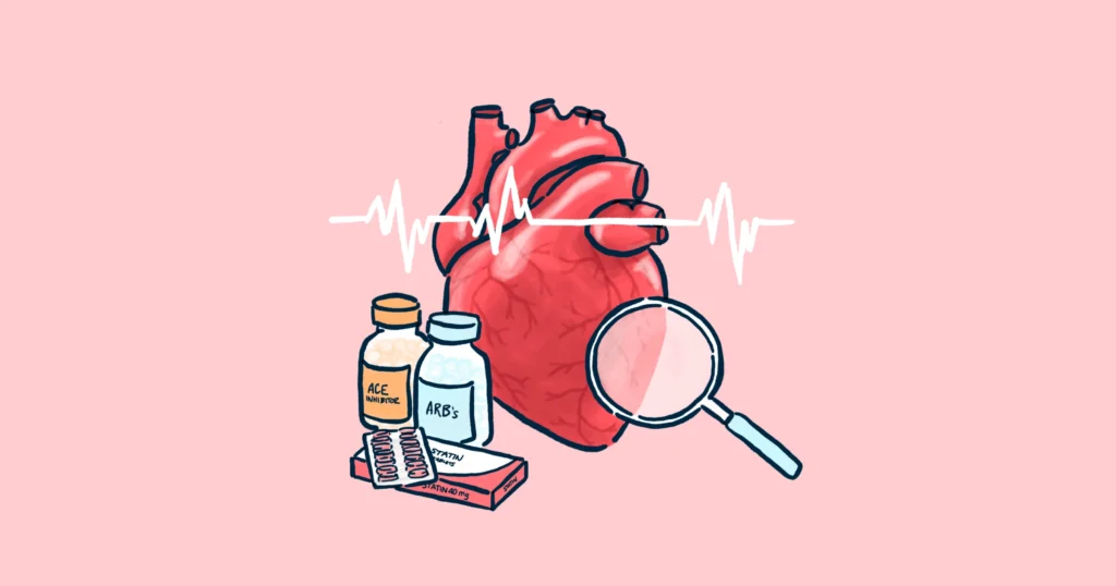 cartoon heart with medicine bottles and a magnifying glass next to it