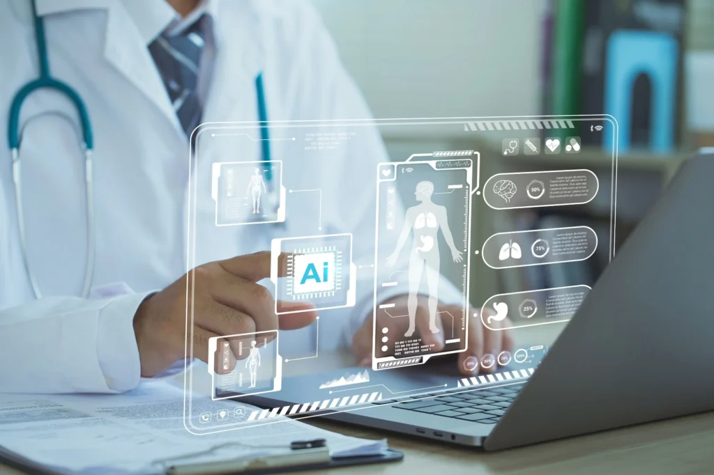 doctor looking at computer with "ai" on it, using it for diagnostic reasoning