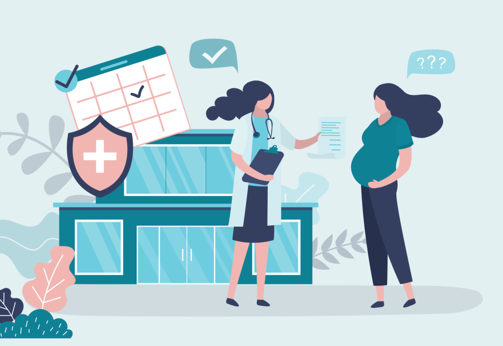female resident holding up paper to pregnant patient, showing example of resident involvement